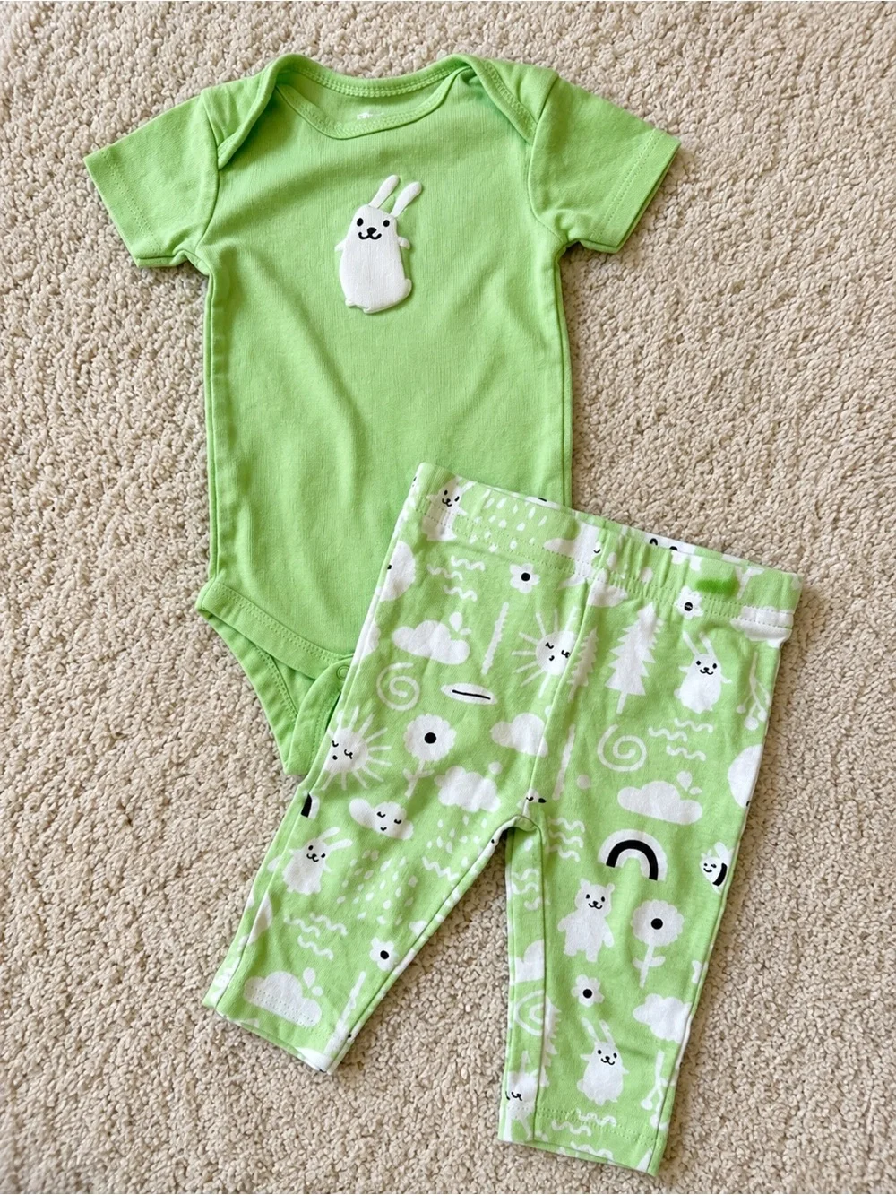 Green Bunny Baby One-Piece with Printed Pants